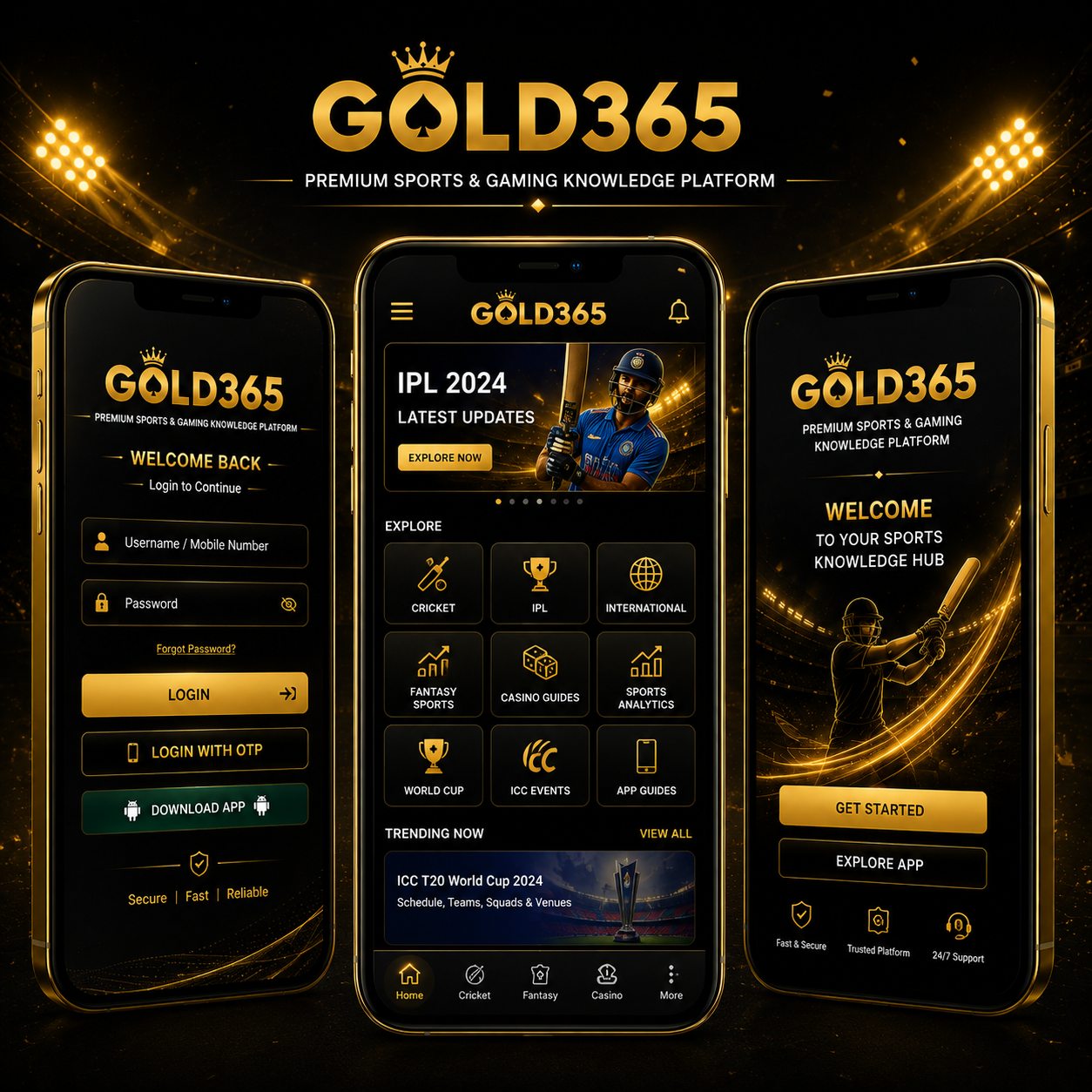 Gold365 App interface displaying cricket schedules and sports updates on a smartphone.