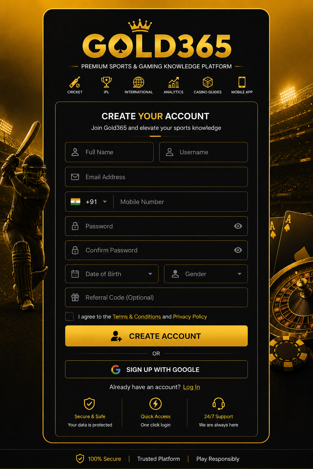 Gold365 Sign Up user interface portal showing secure profile setup and analytics dashboard options